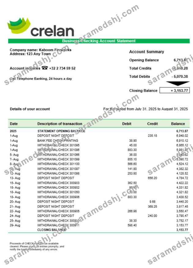 Crelan bank company checking account statement Word and PDF format